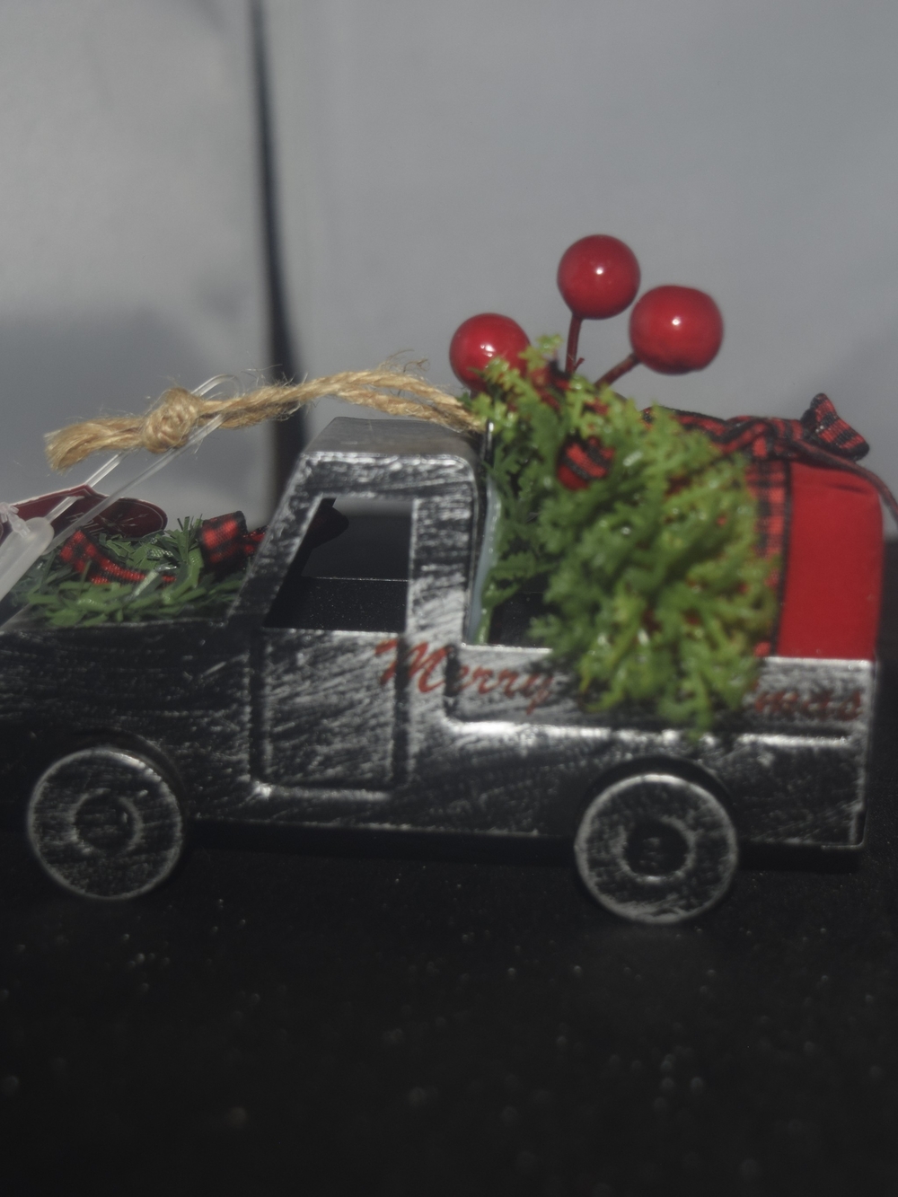 Holiday Time Black Truck Ornament with Red and Green Accents